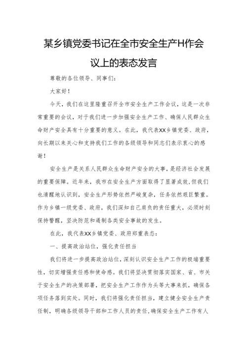 某乡镇党委书记在全市安全生产工作会议上的表态发言.docx