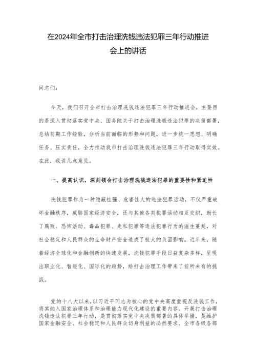 在2024年全市打击治理洗钱违法犯罪三年行动推进会上的讲话.docx