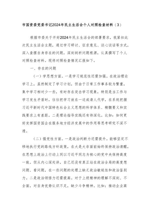 市国资委党委书记2024年民主生活会个人对照检查材料（3）.docx