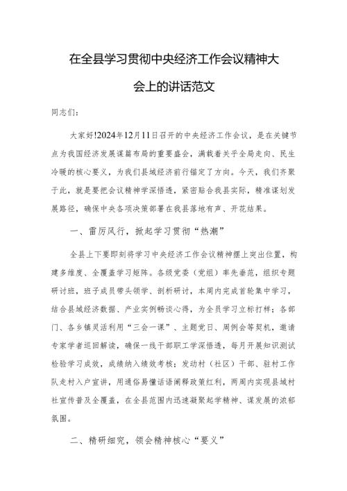 在学习贯彻中央经济工作会议精神大会上的讲话范文.docx