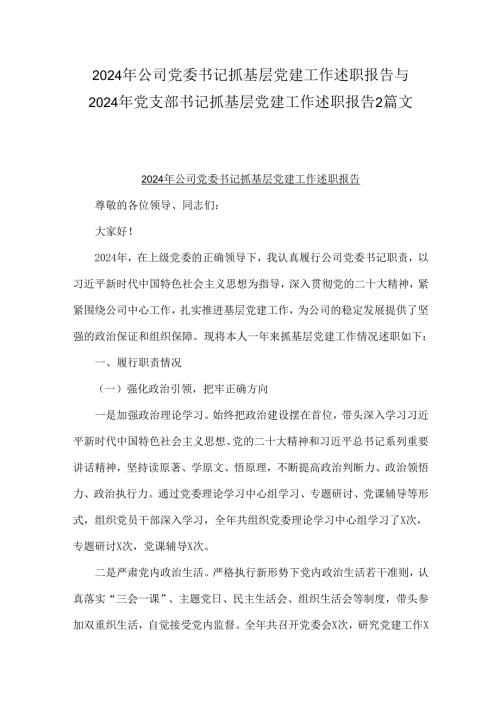 2024年公司党委书记抓基层党建工作述职报告与2024年党支部书记抓基层党建工作述职报告2篇文.docx