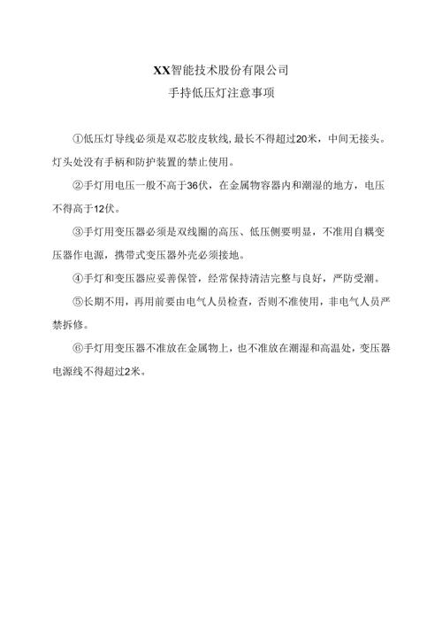 XX智能技术股份有限公司手持低压灯注意事项（2012年）.docx