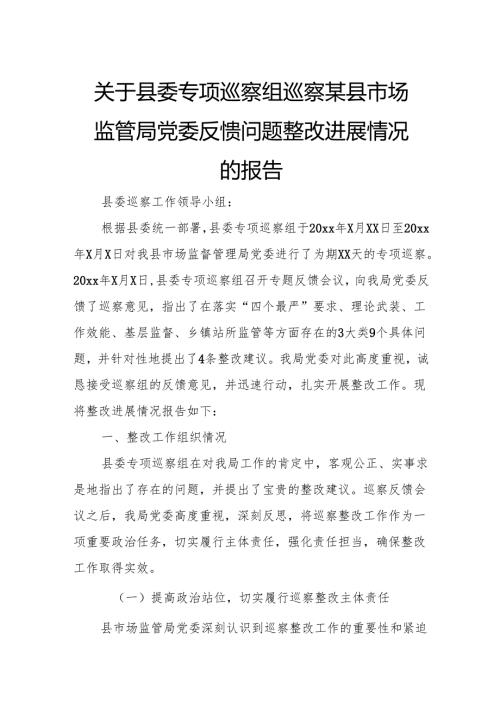 关于县委专项巡察组巡察某县市场监管局党委反馈问题整改进展情况的报告.docx