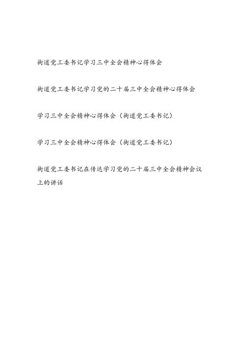 街道党工委书记学习党的二十届三中全会精神心得体会研讨发言传达讲话共5篇.docx