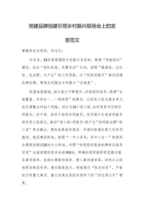党建品牌创建引领乡村振兴现场会上的发言范文.docx