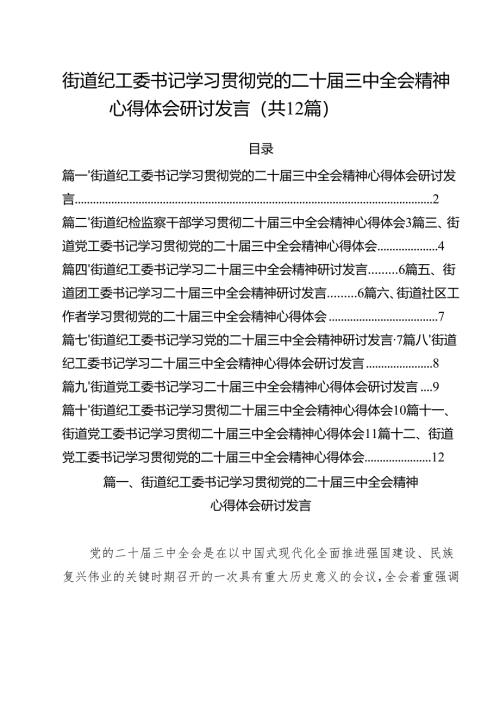 街道纪工委书记学习贯彻党的二十届三中全会精神心得体会研讨发言（共12篇）.docx