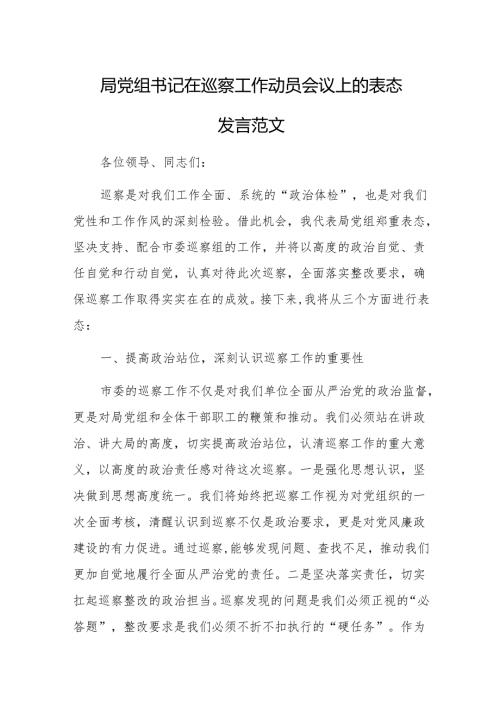 党组书记在巡察工作动员会议上的表态发言范文.docx