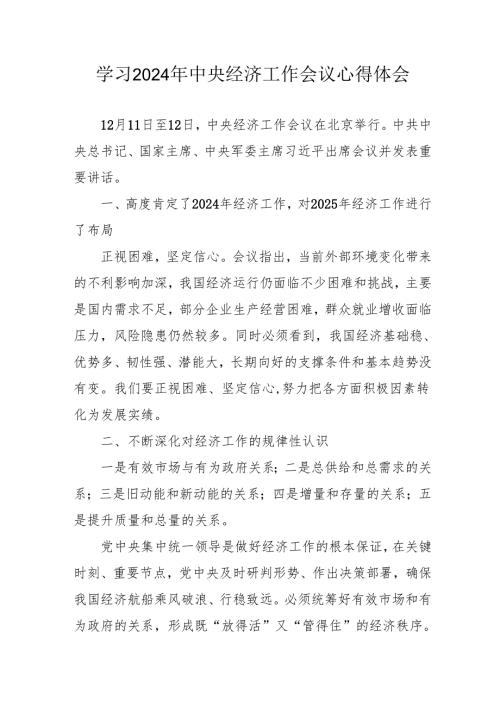 学习2024年中央经济工作会议心得体会 （汇编7份）.docx