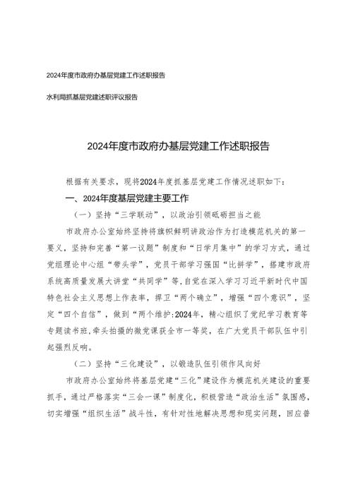 2024年度市政府办基层党建工作述职报告+水利局抓基层党建述职评议报告.docx