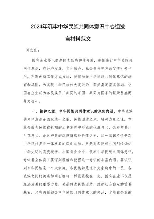 2024年筑牢中华民族共同体意识中心组发言材料范文.docx