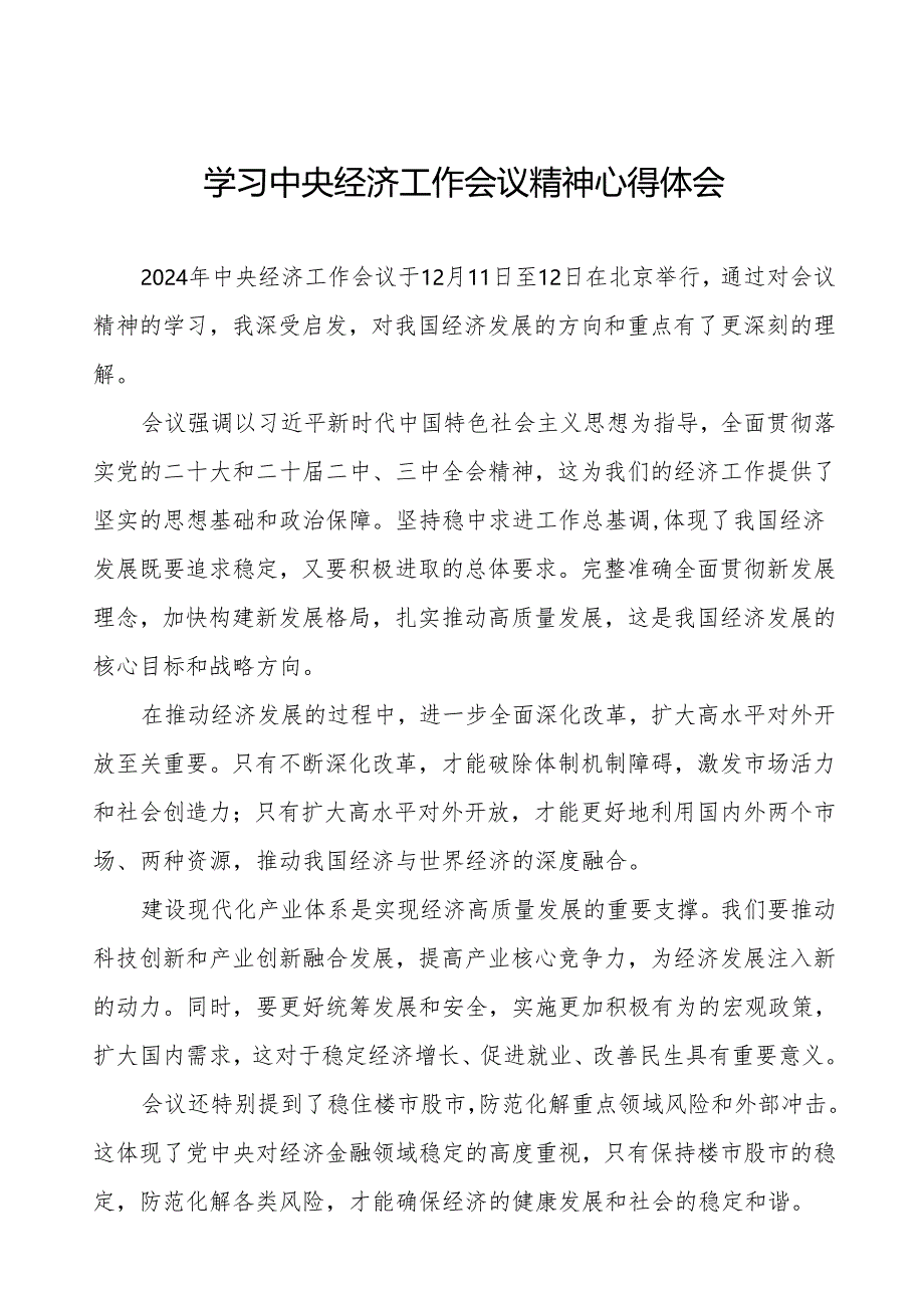 关于学习2024年中央经济工作会议精神的心得体会十篇.docx_第1页