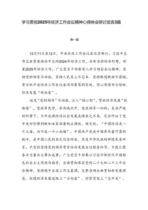 学习贯彻2025年经济工作会议精神心得体会研讨发言3篇.docx