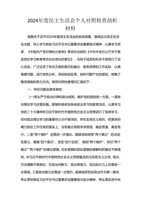 2024年度民主生活会个人对照检查剖析材料.docx