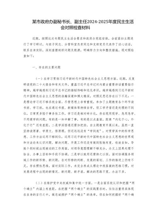 某市政府办副秘书长、副主任2024-2025年度民主生活会对照检查材料.docx