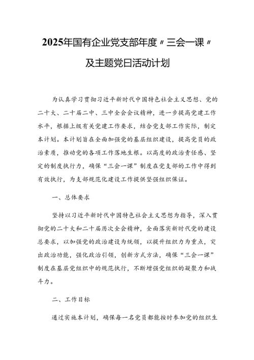 2025年国有企业党支部年度“三会一课”及主题党日活动计划.docx