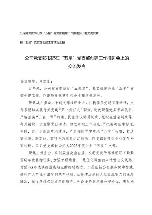 公司党支部书记在“五星”党支部创建工作推进会上的交流发言+镇“五星”党支部创建工作情况汇报.docx