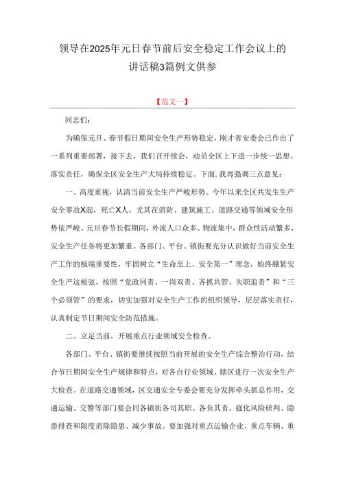领导在2025年元日春节前后安全稳定工作会议上的讲话稿3篇例文供参.docx
