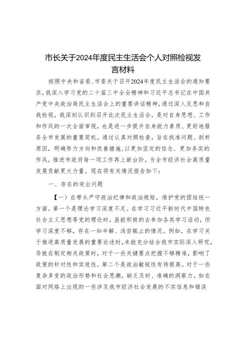 市长关于2024年度民主生活会个人对照检视发言材料.docx