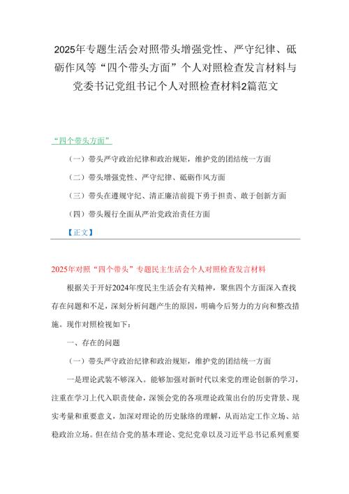 2025年专题生活会对照带头增强党性、严守纪律、砥砺作风等“四个带头方面”个人对照检查发言材料与党委书记党组书记个人对照检查材料2篇范文.docx