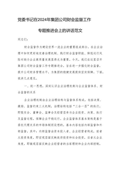 党委书记在2024年集团公司财会监督工作专题推进会上的讲话范文.docx