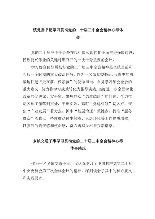 镇党委书记学习贯彻党的二十届三中全会精神心得体会(精选五篇模板).docx
