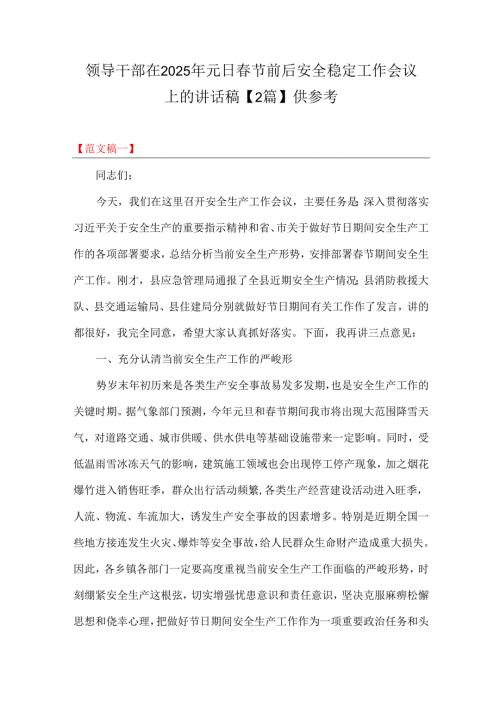 领导干部在2025年元日春节前后安全稳定工作会议上的讲话稿【2篇】供参考.docx