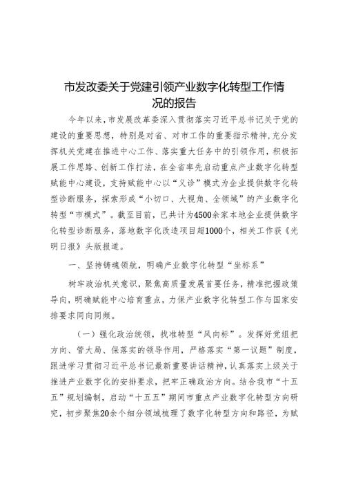 市发改委关于党建引领产业数字化转型工作情况的报告.docx