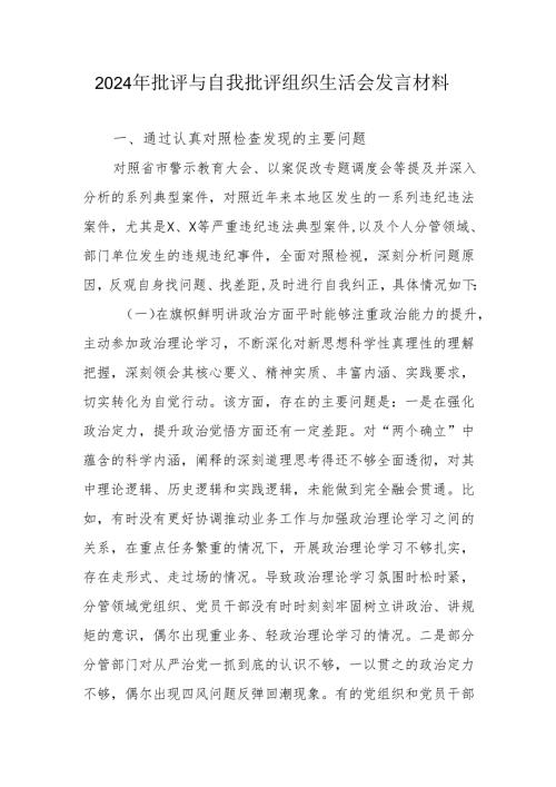 2024年批评与自我批评组织生活会发言材料2_2.docx