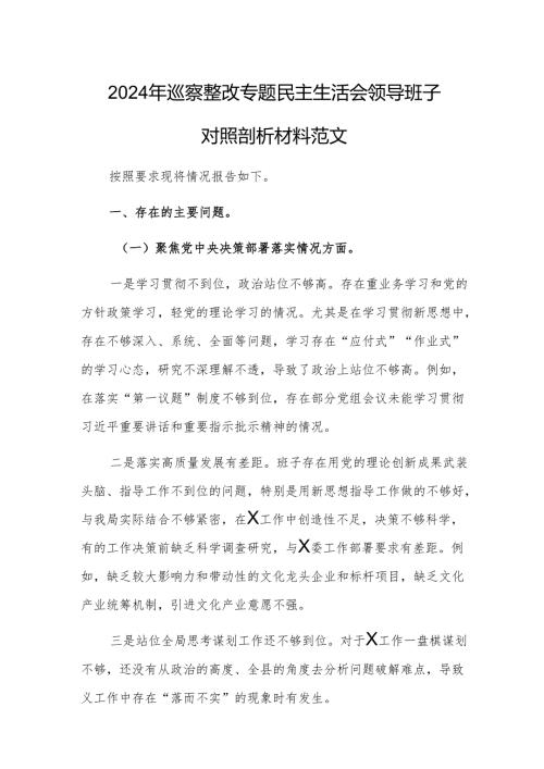 2024年巡察整改专题民主生活会领导班子对照剖析材料范文.docx