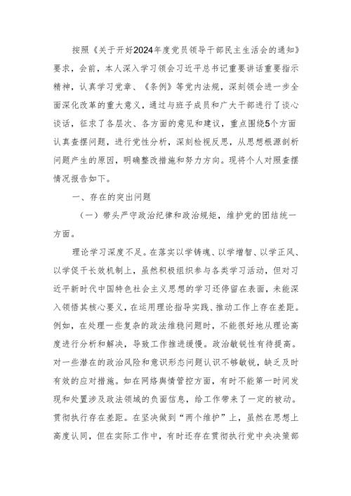 政法委书记2024年度民主生活个人四个带头检视发言材料范文两篇.docx