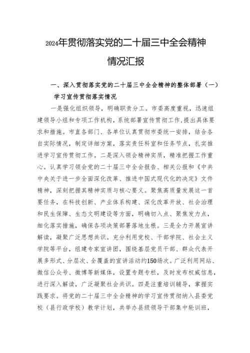 2024年贯彻落实党的二十届三中全会精神情况汇报.docx