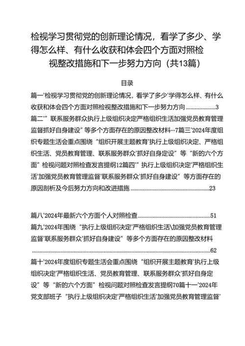 （13篇）检视学习贯彻党的创新理论情况看学了多少、学得怎么样、有什么收获和体会四个方面对照检视整改措施和下一步努力方向最新.docx