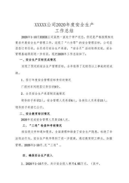 XXXX公司2020年度安全生产工作总结.docx