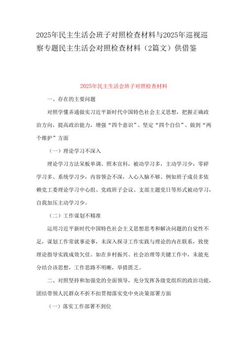 2025年民主生活会班子对照检查材料与2025年巡视巡察专题民主生活会对照检查材料（2篇文）供借鉴.docx