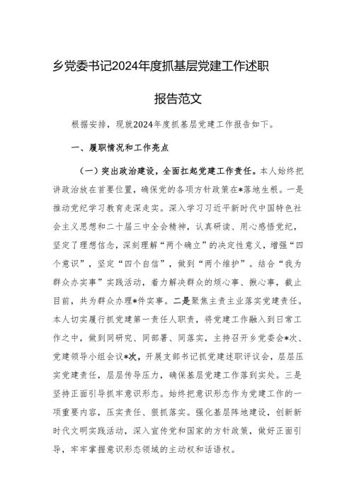 乡党委书记2024年度抓基层党建工作述职报告范文.docx