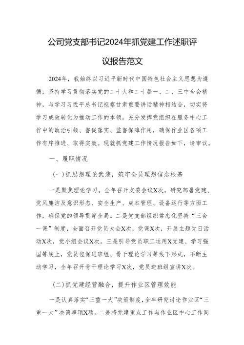 公司党支部书记2024年抓党建工作述职评议报告范文.docx