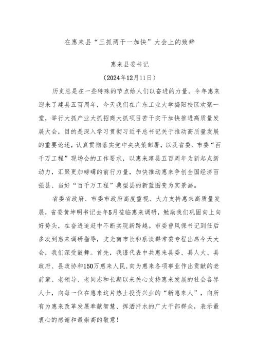 在惠来县“三抓两干一加快”大会上的致辞.docx