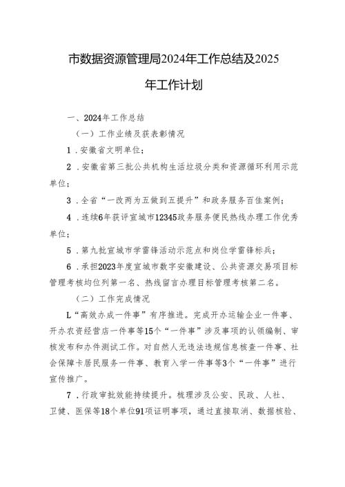 市数据资源管理局2024年工作总结及2025年工作计划（20241022）.docx