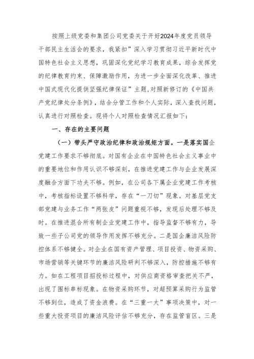 国企纪委书记2024年民主生活检查材料发言材料（四个带头）范文两篇.docx