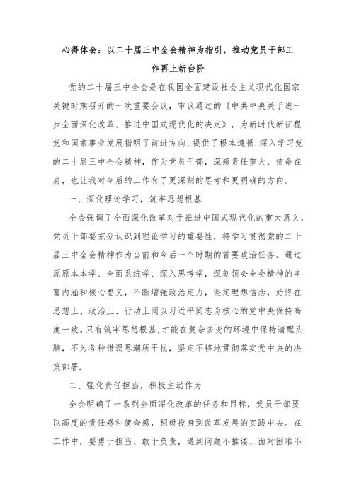 心得体会：以二十届三中全会精神为指引推动党员干部工作再上新台阶.docx