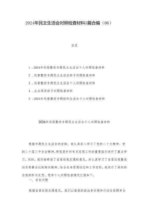2024年民主生活会对照检查材料5篇合编（06）.docx