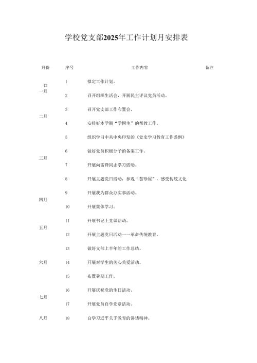 学校党支部2025年工作计划月安排表及工作计划.docx