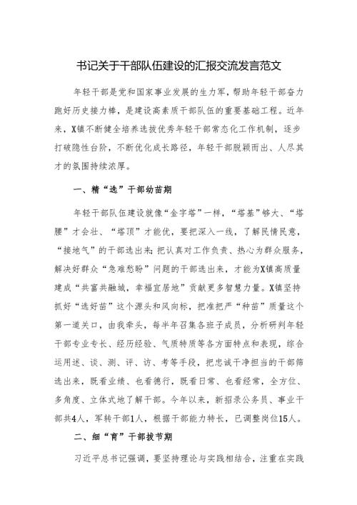 书记关于干部队伍建设的汇报交流发言范文.docx