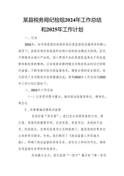 某县税务局纪检组2024年工作总结和2025年工作计划.docx