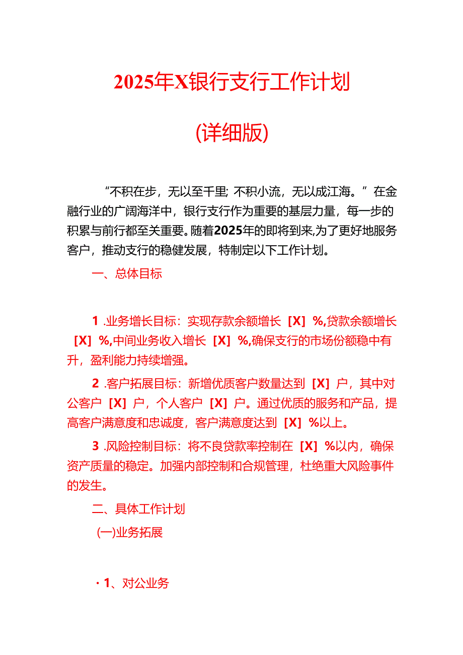 2025年X银行支行工作计划(详细版).docx_第1页