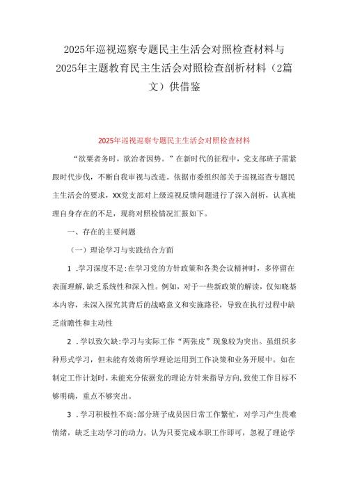 2025年巡视巡察专题民主生活会对照检查材料与2025年主题教育民主生活会对照检查剖析材料（2篇文）供借鉴.docx