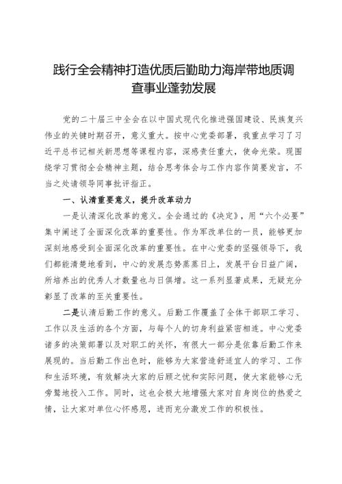 心得体会：践行全会精神打造优质后勤助力海岸带地质调查事业蓬勃发展.docx
