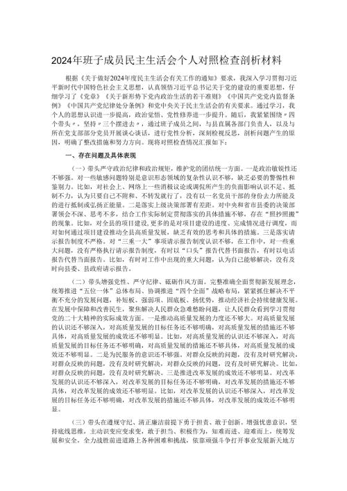 2024年班子成员民主生活会个人对照检查剖析材料.docx