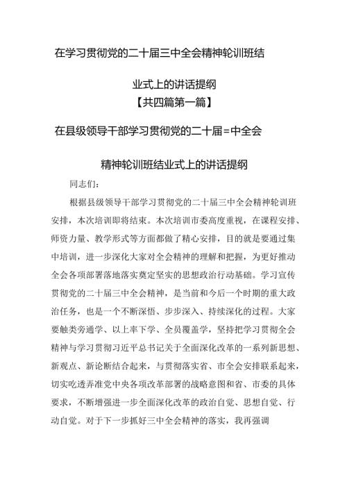 （4篇）在学习贯彻党的二十届三中全会精神轮训班结业式上的讲话提纲.docx