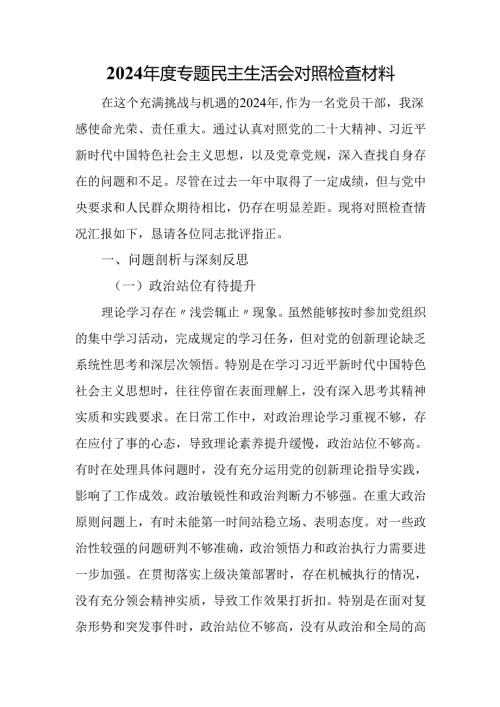 2024年度专题民主生活会对照检查材料.docx